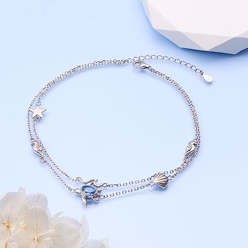 Anklets for Women 925 Sterling Silver Blue Evil Eye Infinity Butterfly Adjustable Multilayer Layered Summer Beach Ankle Bracelet Foot Chain Jewelry for Women - style: D-Sea Turtle