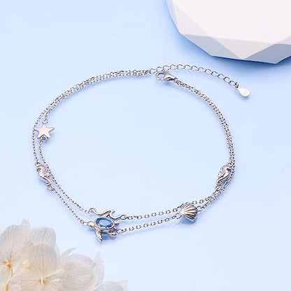 Anklets for Women 925 Sterling Silver Blue Evil Eye Infinity Butterfly Adjustable Multilayer Layered Summer Beach Ankle Bracelet Foot Chain Jewelry for Women - style: D-Sea Turtle