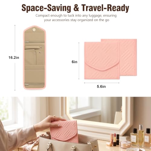 Sodsay Travel Jewelry Case Foldable Travel Jewelry Organizer for Women | 5 Compartments, Quilted Cotton & Polyester, Scratch Resistant, Foldable Lightweight, Travel Friendly, Gift for Women - color: Pink