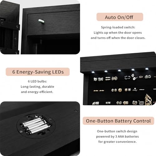 Lockable Jewelry Cabinet Organizer with Full Length Mirror, 6 Auto LED Lights, Wall & Over Door Mount Jewelry Armoire with Earring Slots, Necklace Hooks, Foldable Makeup Shelf - color: Black