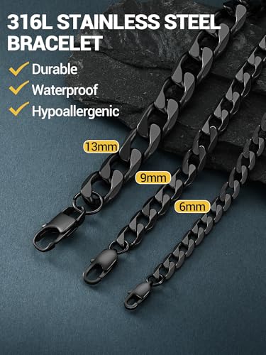 PROSTEEL Bracelets for Men, Figaro/Cuban Mens Bracelet, Silver/Gold/Black | 6/9/13mm Width, 7.5/8.3/9" Length, Stainless Steel Mens Bracelet, Durable & Non Tarnish, Chunky Jewelry with Gift Box - style: G 13mm-Cuban-Black