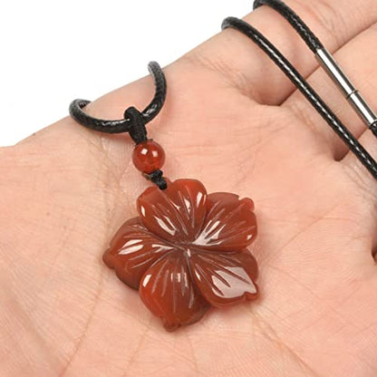 Justinstones Hand Carved Healing Crystals Gemstone Hawaii Flower Pendant Hand Weaving Wax Rope Necklace 22 inch - color: Red Agate