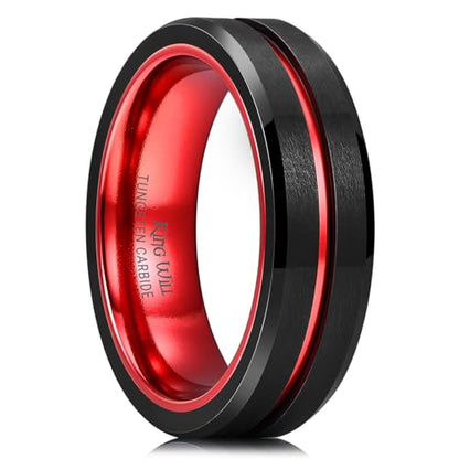 King Will Mens Tungsten Rings for Men Two Tone Grooved Mens Wedding Band Cool - color: Red & Black 6mm