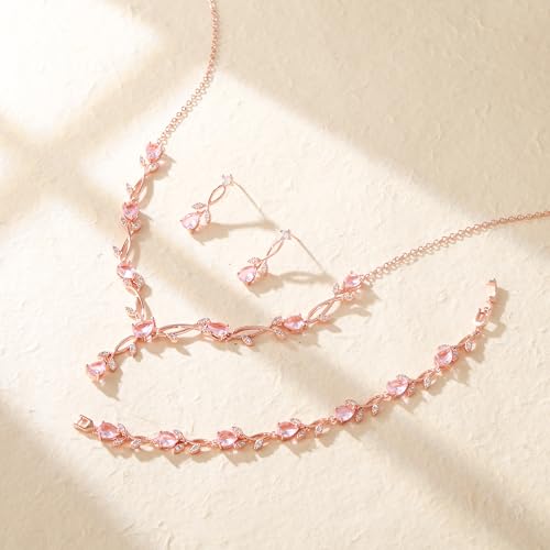 Crysdue Wedding Jewelry Set for Brides Bridesmaid, Cubic Zirconia Teardrop Marquise Leaf Cluster Pendant Necklace Bridal Tennis Bracelet Drop Earrings for Women Party Prom - style: A- CZ set-pink, rose gold