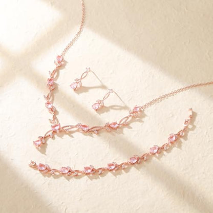 Crysdue Wedding Jewelry Set for Brides Bridesmaid, Cubic Zirconia Teardrop Marquise Leaf Cluster Pendant Necklace Bridal Tennis Bracelet Drop Earrings for Women Party Prom - style: A- CZ set-pink, rose gold