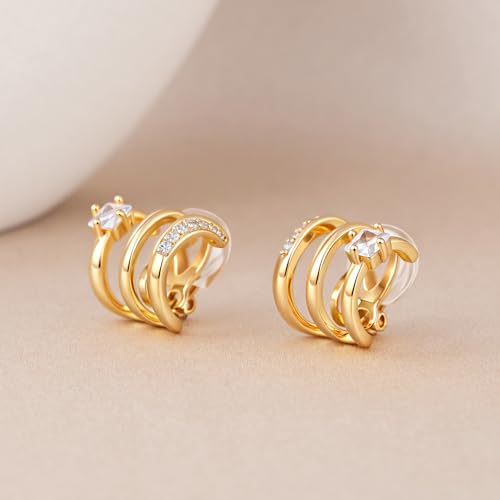 FAN&LOUIS Clip On Earrings Women, Gold Silver Triple Huggie Stud Clip-on Earrings Cubic Zirconia|Double Huggie Hoop Gold Hoop Earrings Clips for Women Trendy Lightweight - style: Gold