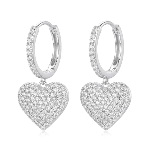 SAVORI 14K Gold Plated Sterling Silver Pave CZ Heart Huggie Hoop Earrings, Hypoallergenic Romantic Dangle Jewelry Gifts for Women - color: Silver