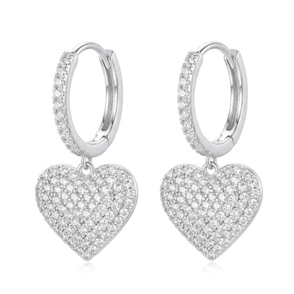 SAVORI 14K Gold Plated Sterling Silver Pave CZ Heart Huggie Hoop Earrings, Hypoallergenic Romantic Dangle Jewelry Gifts for Women - color: Silver