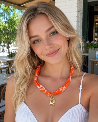 Initial Silk Scarf Necklace for Woman Paisley Bubble Letter Scarf Choker | Statement Blue Bandana Necklace, Handmade Western Jewelry for Country Cowgirl Mom,Mothers Day Gift - color: red