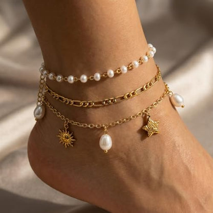 Dainty Gold Shell Pearl Ankle Bracelets for Women, Trendy Anklet Stack Charm Bracelet Adjustable Chain Summer Ocean Beach Accessories Fashion Jewelry Gift - color: Sun Pearl Star