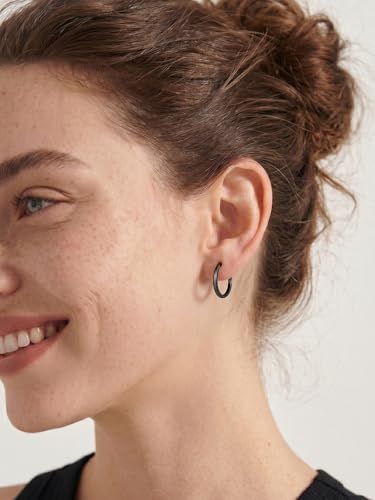 925 Sterling Silver Huggie Hoop Earrings, Small Silver Hoop Earrings for Women Hypoallergenic Huggie Lightweight Small Hoops Earring Cartilage Sleeper Earrings 6/8/10/12/14/16/18/20mm - color: Black, size: 16MM