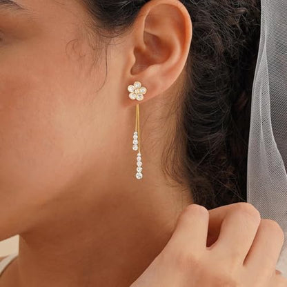 Dangle Earrings for Women Trendy, 14K Gold Plated CZ Huggie Drop Earrings, Dainty Long Chain Prom Wedding Jewelry Gift for Her - style: flower CZ