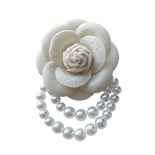 Wool Camellia Flower Pearl Tassel Brooches Pins Delicate Flowers Brooch Classic for Wedding Party Dance Banquet for Women Dainty Elegant Lapel Pins Dress Suit Accessories - color: Beige