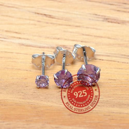 3 Pairs Color Zirconia Earrings Studs, Sterling Silver Studs Earrings Set 3MM 4MM 5MM - color: Purple