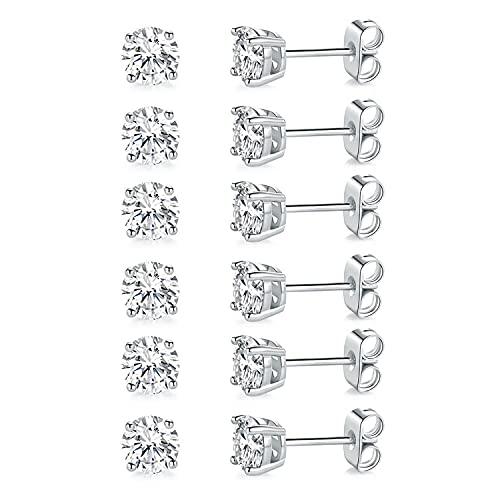 MDFUN Hypoallergenic CZ Stud Earrings Set for Women/Men,6 Pairs 18K Gold Plated Round 3-8mm Clear Cubic Zirconia Earring Pack Jewelry Gift - color: White gold-6mm-6 pairs