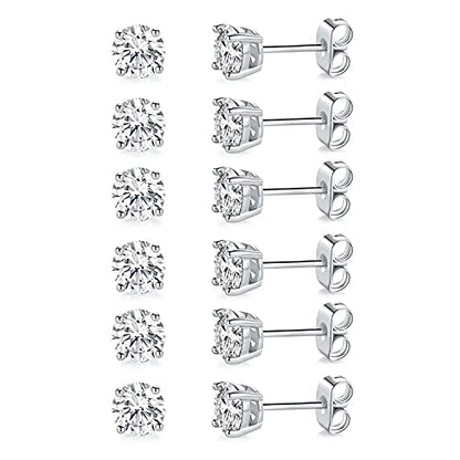 MDFUN Hypoallergenic CZ Stud Earrings Set for Women/Men,6 Pairs 18K Gold Plated Round 3-8mm Clear Cubic Zirconia Earring Pack Jewelry Gift - color: White gold-6mm-6 pairs