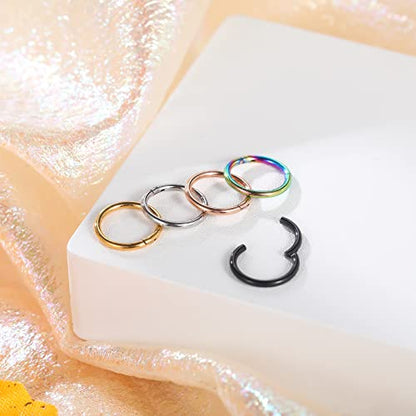 Aumeo 14G 16G 18G 20G Nose Ring Hoop Stainless Steel Hinged Segment Rings Hoops Nose Clicker Ring Tragus Helix Cartilage Daith Rook Earring Piercing Jewelry for Women Men - style: 5pcs 18g 7mm Mixed Colors