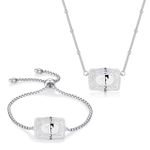 2 Pcs Belt Buckle Initial Necklace Bracelet Jewelry Set for Women, 18K Gold/Silver Plated Belt Buckle Initial A-Z Necklace Bracelet Set Unique Western Style Jewelry Gifts - style: T