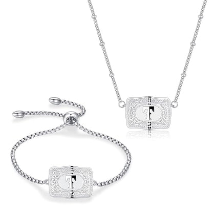 2 Pcs Belt Buckle Initial Necklace Bracelet Jewelry Set for Women, 18K Gold/Silver Plated Belt Buckle Initial A-Z Necklace Bracelet Set Unique Western Style Jewelry Gifts - style: T