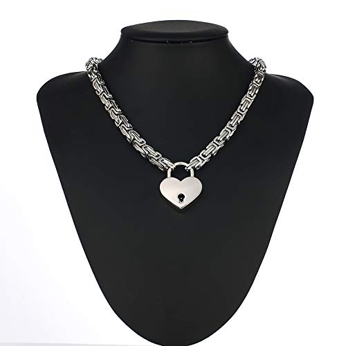 Heart Padlock Collar Stainless Steel Lock Necklace Byzantine Chain Necklace Locking Collar Choker for Men Women Jewelry - style: padlock necklace