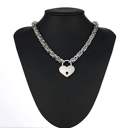 Heart Padlock Collar Stainless Steel Lock Necklace Byzantine Chain Necklace Locking Collar Choker for Men Women Jewelry - style: padlock necklace