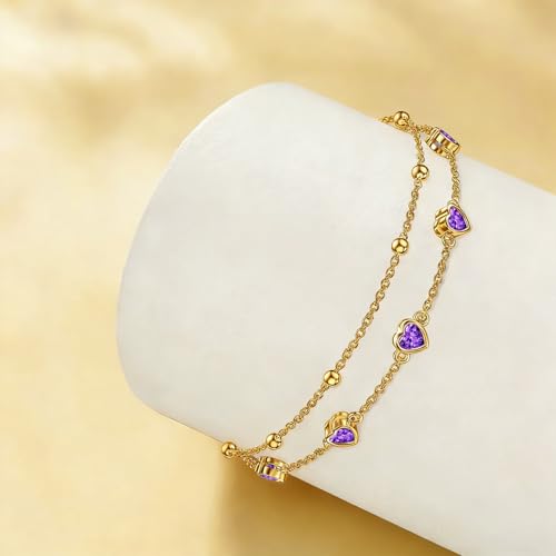 Midari 18K Yellow Gold Gemstone Birthstone Anklet Bracelet Heart Jewelry with 12 Months Birthstone Birthday Gifts for Women Wife Her Daughter Mom - color: 02-Feb-Amethyst, size: Anklet 9"-11"