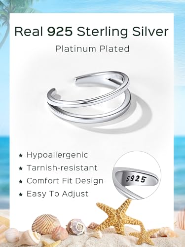 ChicSilver Toe Rings for Women 925 Sterling Silver Adjustable Toe Ring | 925 sterling silver, hypoallergenic for sensitive skin, adjustable open band, summer beach wear gift - color: D: Lines(1 pc)