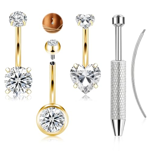 ONESING 14G Belly Button Rings Hypoallergenic Surgical Stainless Steel Belly Rings for Women Round Heart Teardrop Cubic Zirconia 12MM Navel Piercing Jewelry Barbell Studs with Tools - color: Gold A-14G
