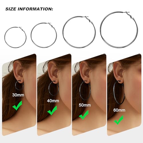 4 Pairs Silver Gold Hoop Earrings for Women | 14K Gold Plated Hoop Earrings Set Hypoallergenic Earring Lightweight Dangle Earrings Set - color: 4 Pairs Black-30/40/50/60mm