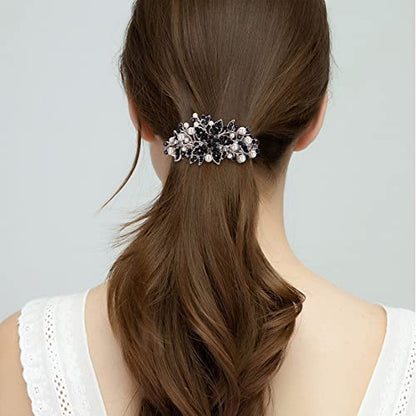 EVER FAITH Austrian Crystal Bridal Hibiscus Flower Leaf Cream Simulated Pearl Hair Clip Barrette Black Silver-Tone - color: Black Silver-Tone