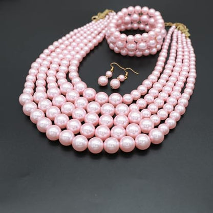 Faux Big Pearl Srand Necklaces for Women 5 Layers Pearls Choker Bib Collar Necklace Bracelet and Earrings set 1920s Costume Pearl Jewelry Bridal Wedding - color: pink