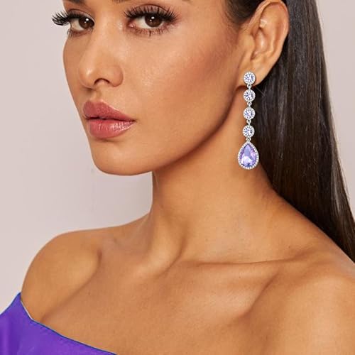 EleQueen Women's Wedding Crystal Teardrop Pear Shape 3 Inch Clip on Long Dangle Earrings for Bride Bridesmaid, Jewelry for Party Prom/Anniversary - color: Light Purple Silver-Tone