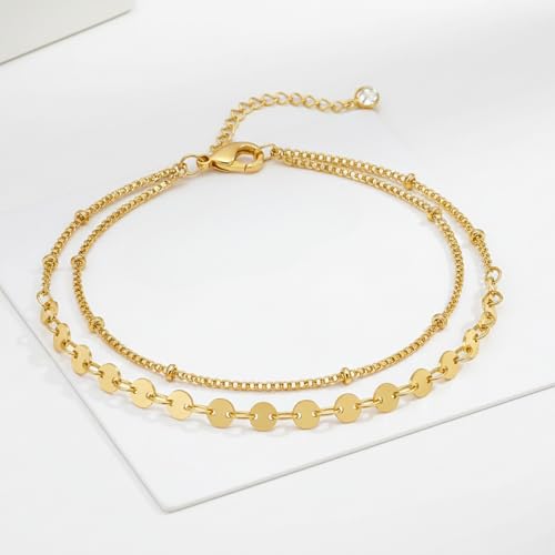Solza 2 Layer Gold Plated Bracelet – Stainless Steel Adjustable Layered Chain with 3mm Beads, 18K Gold Plated Non Tarnish Jewelry for Women, Elegant Beaded Bracelet Stack for Everyday Wear - style: Coin Chain