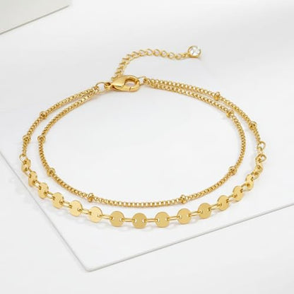 Solza 2 Layer Gold Plated Bracelet – Stainless Steel Adjustable Layered Chain with 3mm Beads, 18K Gold Plated Non Tarnish Jewelry for Women, Elegant Beaded Bracelet Stack for Everyday Wear - style: Coin Chain