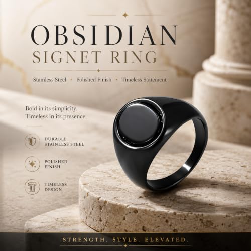 Stainless Steel Black Obsidian Ring for Men Women, Oval Black Stone Signet Ring, Gold Silver Black Tone Wide Band Ring, Polished Stainless Steel Statement Jewelry Gift - color: Black