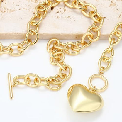 Chunky Gold Necklace for Women, 18K Waterproof Heart Necklace Statement Necklace Gold Charm Necklace Chunky Jewelry Paperclip Chain Choker Gift for Women - style: Bubble Heart