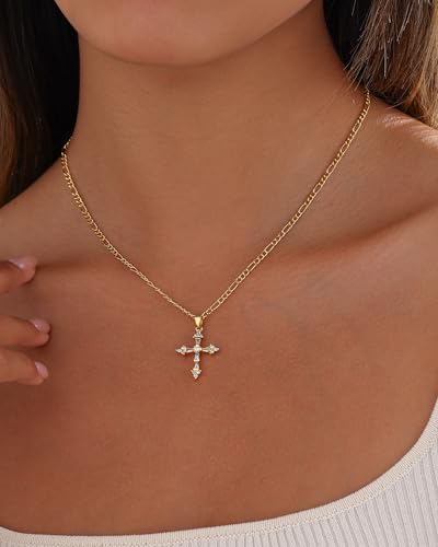 Cross Necklace for Women, 14K Gold Plated Cubic Zirconia Cross Pendant Necklace, Trendy Christian Jewelry Gifts for Baptism First Communion Christmas - color: Style K - Gold