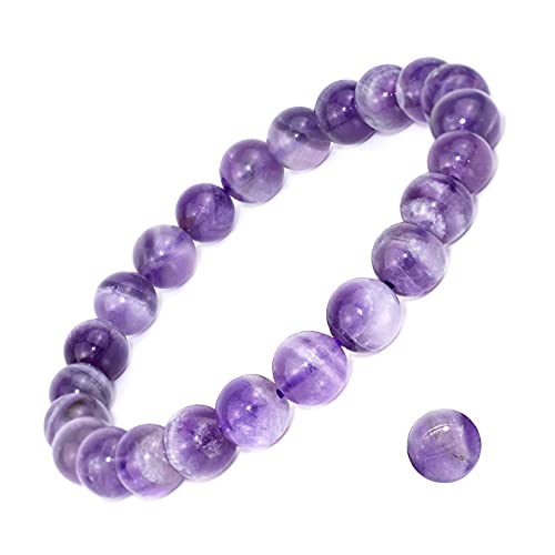 8mm Natural Crystal Stretch Bracelet | Handmade Round Stone Bead Bracelet, Runs Large, Meditation Yoga Gift for Women & Men - color: Dog Teeth Amethyst