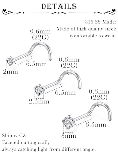 18G 20G 22G Stainless Surgical Steel Titanium Nose Rings Studs for Women L Shaped Nose Rings Screw Nose Studs Nostrial Piercing Jewelry for Women Men Silver Gold Black - style: 22G/Clear CZ/Screw/Silver