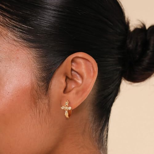 DREMMY STUDIOS Gold Dainty Huggie Hoop Earrings 18K Gold Plated Exquisite Open Tassel Dangle Charm Drop Sleeper Geometric Cross Coin Star Heart White CZ Simple Hypoallergenic Earrings for Women - color: CZ Cross-Hoop