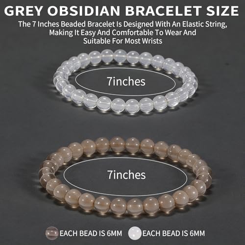 2PCS Agate Bracelet for Women Men Natural Round Beaded Agates Stone Healing Stretch Bracelets Elastic Handmade Polished Gemstone Beads Bracelet - color: Grey+White, size: 6mm Beads