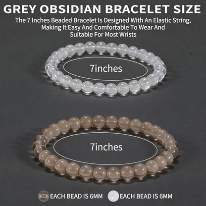 2PCS Agate Bracelet for Women Men Natural Round Beaded Agates Stone Healing Stretch Bracelets Elastic Handmade Polished Gemstone Beads Bracelet - color: Grey+White, size: 6mm Beads