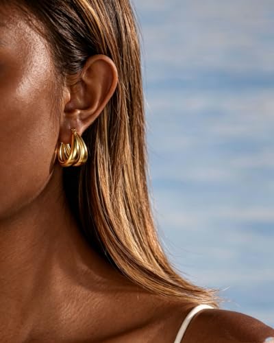14K Gold Plated Chunky Hoop Earrings for Women, Thick Teardrop Huggie Hoops, Hypoallergenic Stainless Steel Statement Earrings