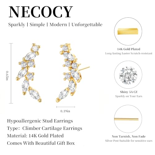 Ear Climber Earrings for Women, 14K Gold Plated/Silver Plated | Crawler Earrings Pierced with Cubic Zirconia, Hypoallergenic Cluster Stud Tragus Conch Daith Cartilage Jewelry Gift for Daily - color: Gold-2