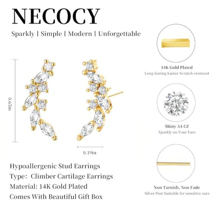 Ear Climber Earrings for Women, 14K Gold Plated/Silver Plated | Crawler Earrings Pierced with Cubic Zirconia, Hypoallergenic Cluster Stud Tragus Conch Daith Cartilage Jewelry Gift for Daily - color: Gold-2