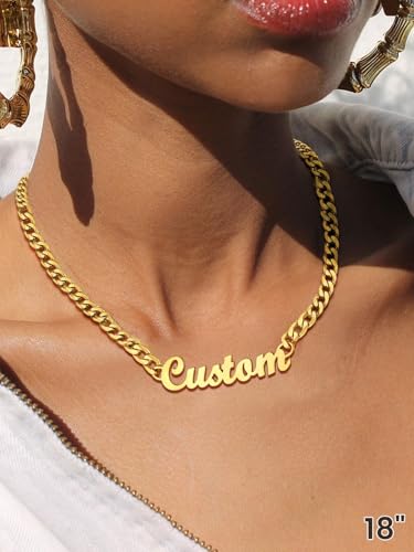 GoldChic JEWELRY Name Necklace Personalized for Men, Womens Custom Name Plate Chain, Stainless Steel Customized Old English Nameplate Choker with Curb Chains Custom, 16 inches to 30 inches - color: Cuban Chain 6 mm - Gold