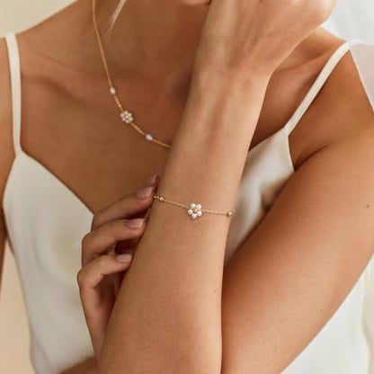 Gold Bracelets for Women Pearl Bracelet 14k Gold/White Gold Plated | Dainty Cubic Zirconia CZ Accented, Bridesmaid Jewelry, Prom Bracelet, Wedding Bracelets for Brides - color: Floral Pearl