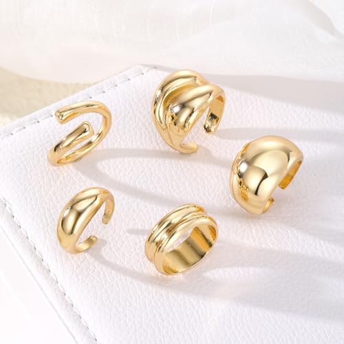 Chunky Rings for Women Non Tarnish 14k Stackable Dome Statement Rings Sets Vintage Dainty Knuckle Open Midi Finger Rings Jewelry Pack Gifts - style: 5PCS-2