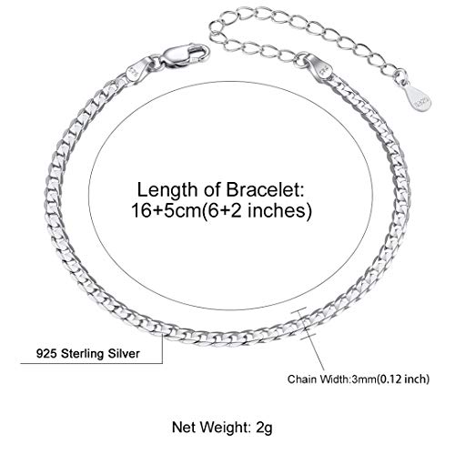 ChainsHouse Stainless Steel Herringbone Flat Chain Bracelets for Women,18K Gold/Rose Gold/Black Metal Paperclip/Snake/Cuban/Figaro Sterling Silver Link Charm Bracelet, 16+5cm Adjustable, With Gift Box - color: b. cuban-sterling silver