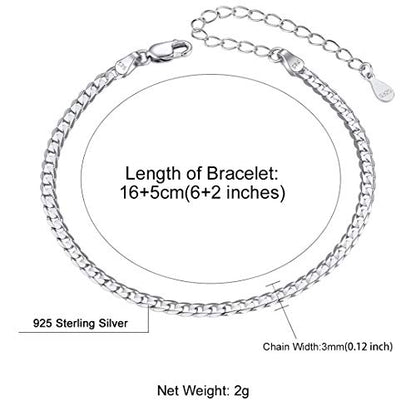 ChainsHouse Stainless Steel Herringbone Flat Chain Bracelets for Women,18K Gold/Rose Gold/Black Metal Paperclip/Snake/Cuban/Figaro Sterling Silver Link Charm Bracelet, 16+5cm Adjustable, With Gift Box - color: b. cuban-sterling silver